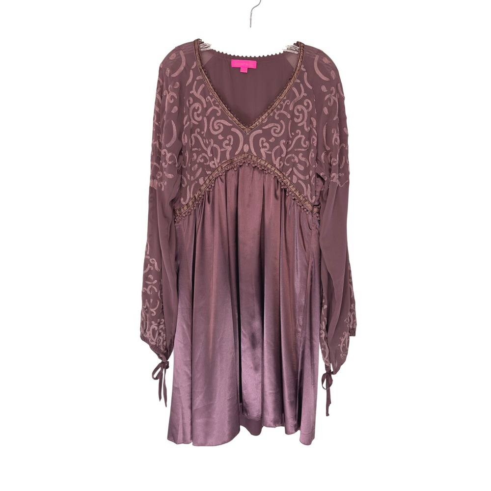 Ebene by P. Assuline Dress Purple Satin Embroidered V-Neck Long Sleeve Size 3